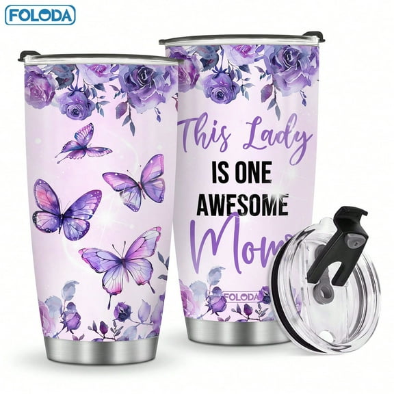 Foloda 1pc Purple Butterfly Tumbler Travel Mug Birthday Gift for Mother Wife, Personalized Mother's Gifts for Mom from Daughter, Son or Husband, Christmas Gifts 20oz Insulated Coffee Tumbler Cup