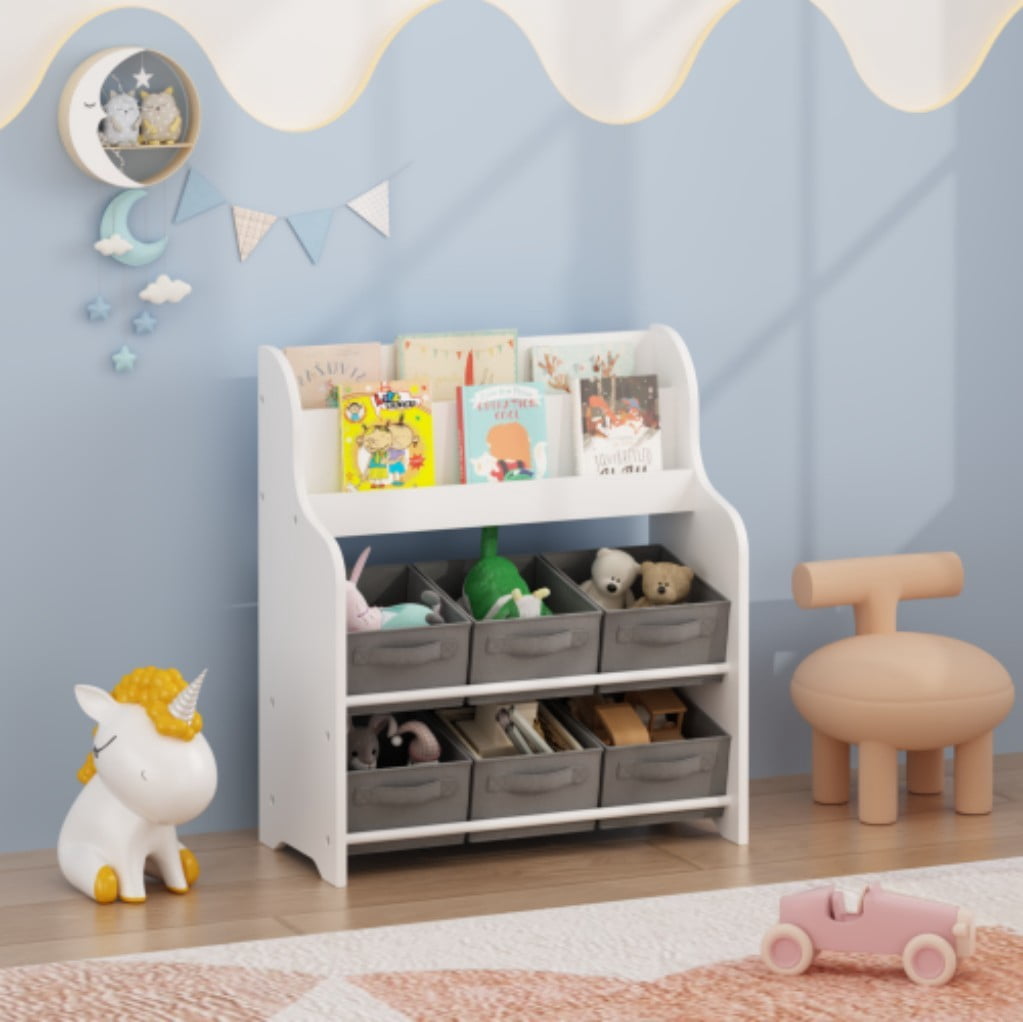 Kids Bookshelf with 6 Fabric Storage Bins, 3-Tier Front-Facing Bookcase & Toy Organizer, Children's Book Display Shelf for Playroom, Nursery & Bedroom