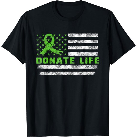 Organ Transplant Awareness USA Flag Donate Life Green Ribbon T-Shirt