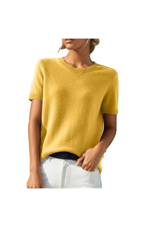 Womens Lightweight Knit Sweater Crew Neck Short Sleeve Pullover Tops with a Versatile Solid Color Design