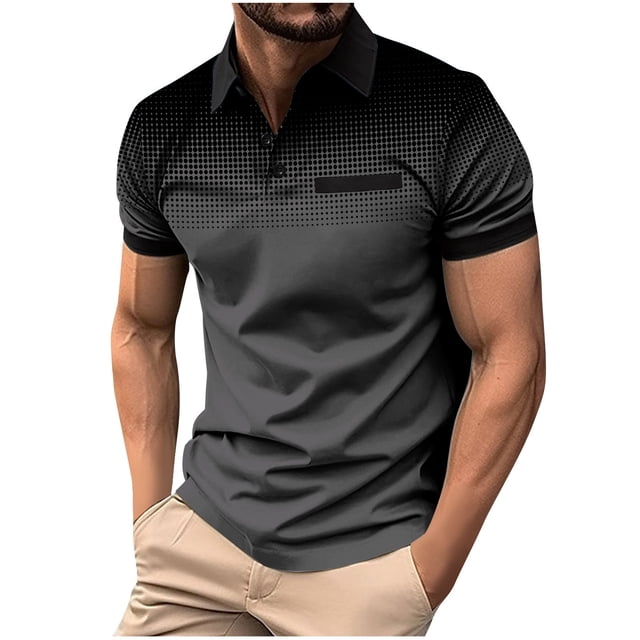 Penkiiy T-Shirts à Pois Dégradés pour Hommes Col Rabattu Bouton Sport Manches Courtes Col Rabattu Mode Décontractée L Noir