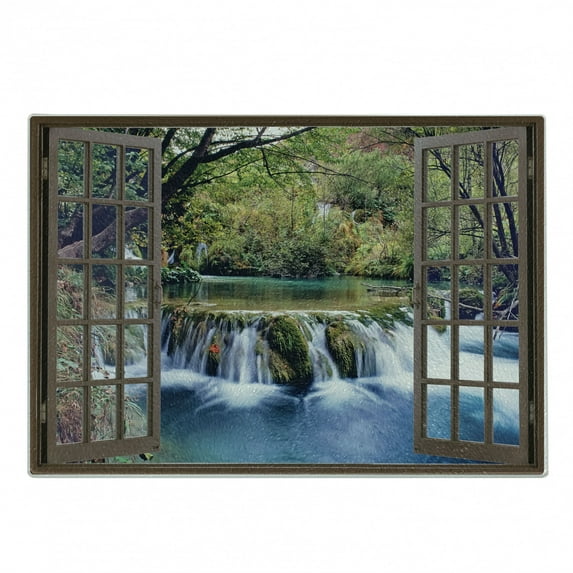 Waterfall Cutting Board, Wide Waterfall Deep down in the Forest Seen from a City Window Epic Surreal Print, Decorative Tempered Glass Cutting and Serving Board, Small Size, Multicolor, by Ambesonne