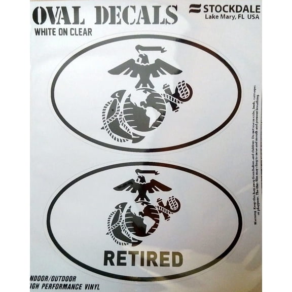 U.S. Marines, Retired, 2-Piece White and Clear Euro Decal Sticker Set, 4x2.5 Inch Each, United States Military