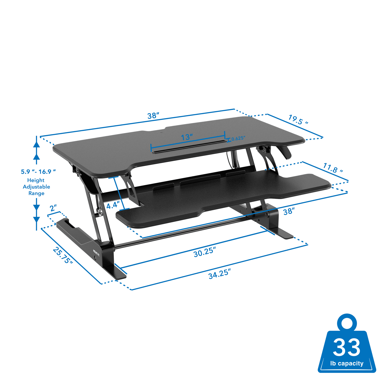 Mount-It! 38'' Standing Desk Converter – Height Adjustable Sit Stand Riser with Dual Monitor Space, Keyboard Tray & Device Slot – Gas Spring Lift, MDF Desktop, Black