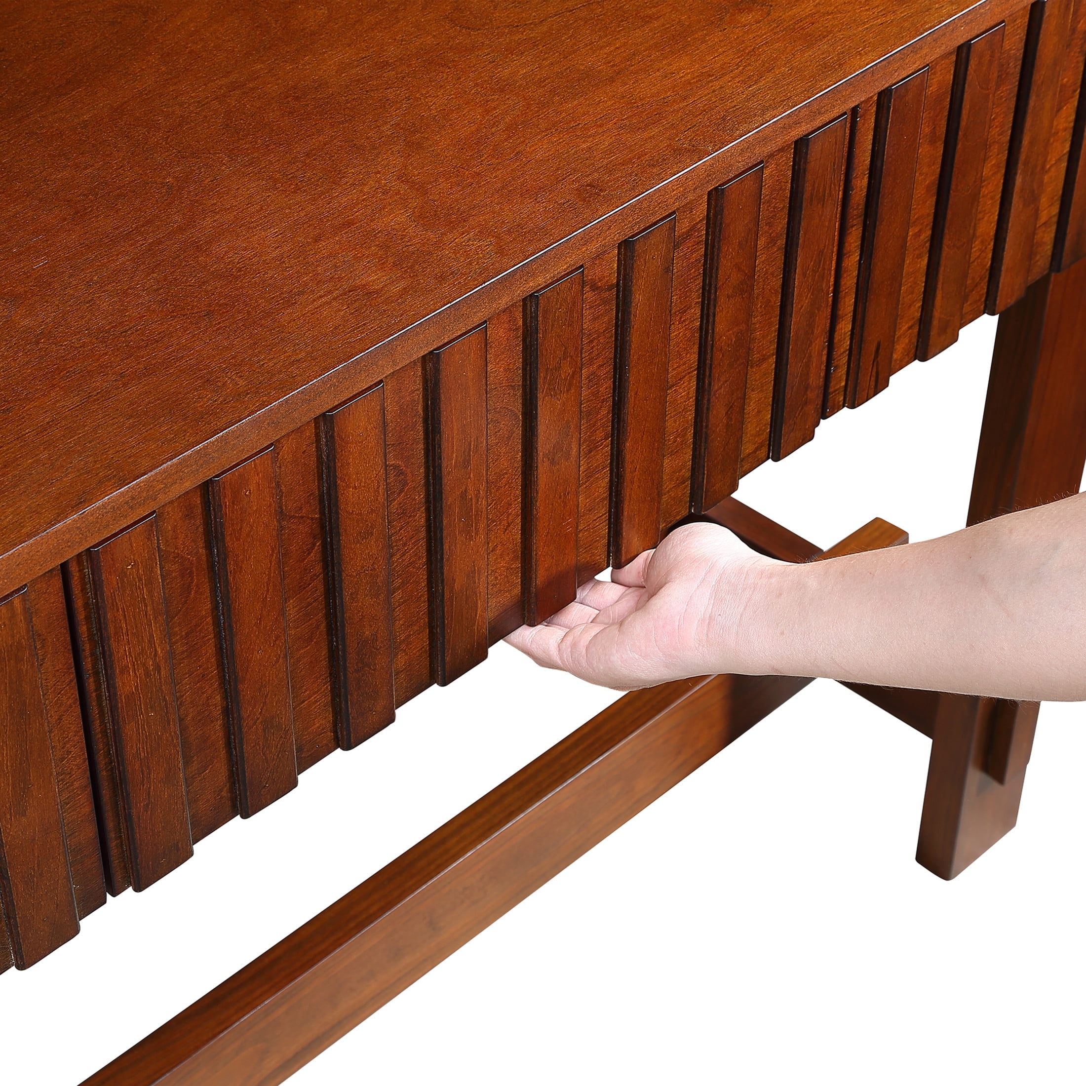 Noble House Ernestine Console Table, Pine Wood Frame with Drawers and Shelf, Half Moon Entryway Table, Cherry