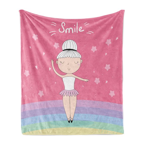 Retro Soft Flannel Fleece Throw Blanket, Hand Drawn Little Ballerina Girl Doing Pique Turns on a Rainbow Colored Stage, Cozy Plush for Indoor and Outdoor Use, 50" x 60", Multicolor, by Ambesonne