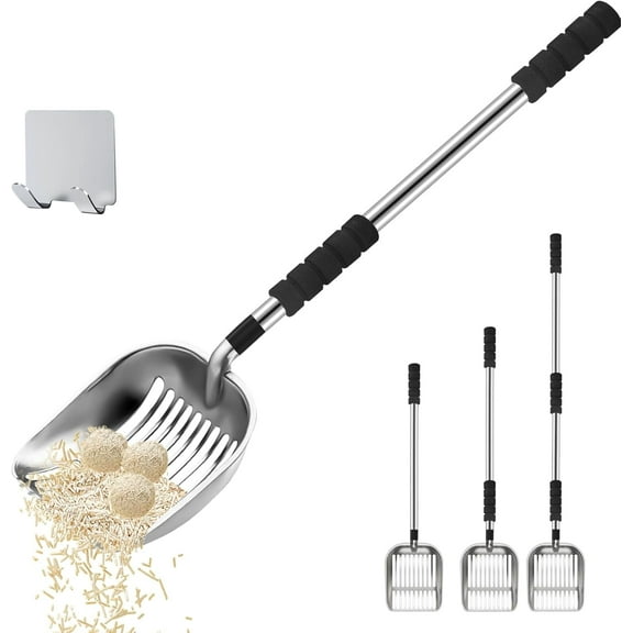 at Litter Scoop, Metal Litter Scooper with Deep Shovel, Scooper Long Handle Detachable Components Stainless Litter Scooper,Large Durable Cat Litter Shovel with Foam Pad Grip(Silver Color)