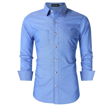 Yong Horse Men's Classic Slim Fit Long Sleeve Casual Western Oxford Shirts Blue 2XL