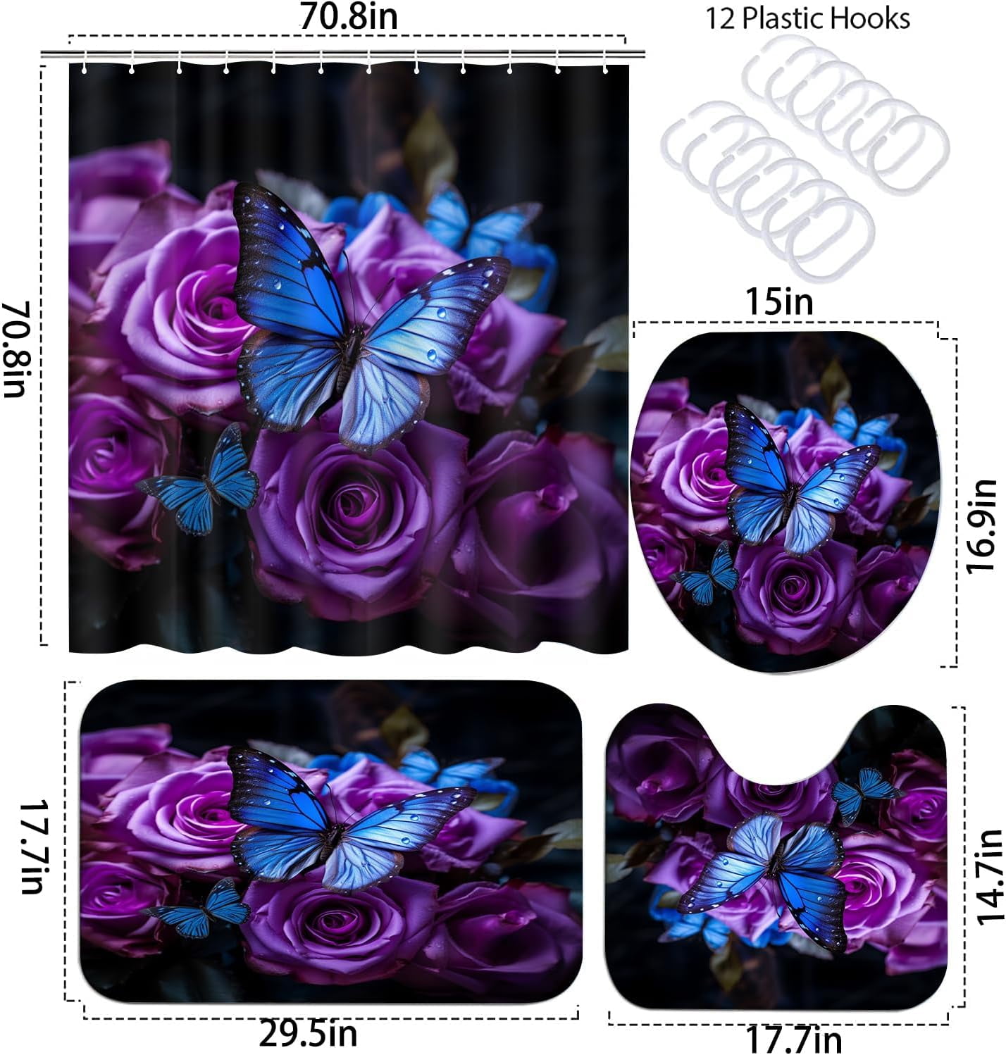 Bathroom Sets with Shower Curtain and Rugs, Toilet Lid Cover, Bath Mat, 4PCS Purple Rose Butterfly Shower Curtains for Bathroom, Romantic Flower Shower Curtains Set for Bathroom Decor