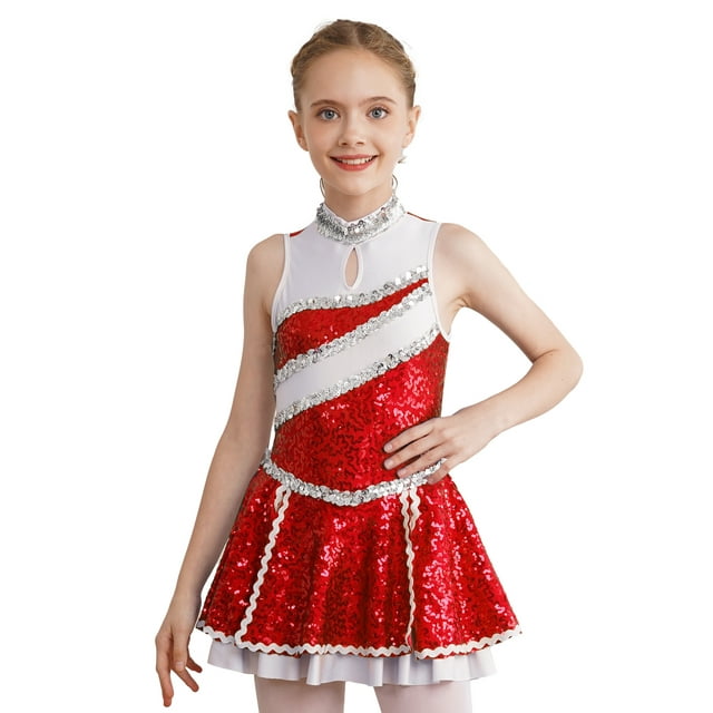 Linjinx Girls Shiny Sequins Cheer Leader Uniform Outfit Cheerleading Dance Dress Halloween Party Cosplay Red 6
