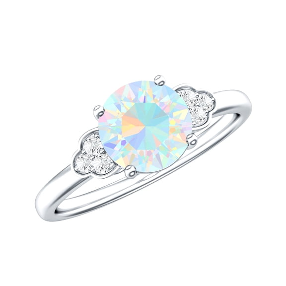 Rosec Jewels Natural Ethiopian Opal Engagement Ring for Women - 6 mm - Opal Diamond Ring - AAA Quality - with Jewelry Box, 925 Sterling Silver, US 4.00