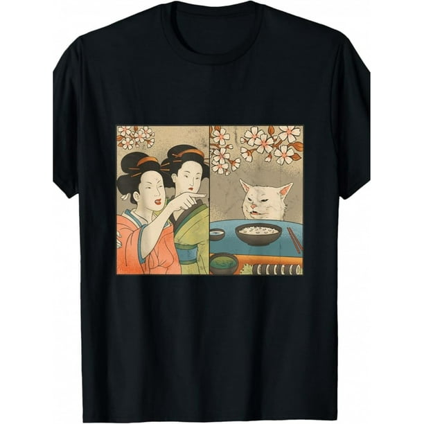 Men'S Artistic Cherry Blossom Cat and Sushi Pattern T-shirt - Black Casual T-shirt with Cherry Blossom and Traditional Kimono Design, Short Sleeve TEE TOP