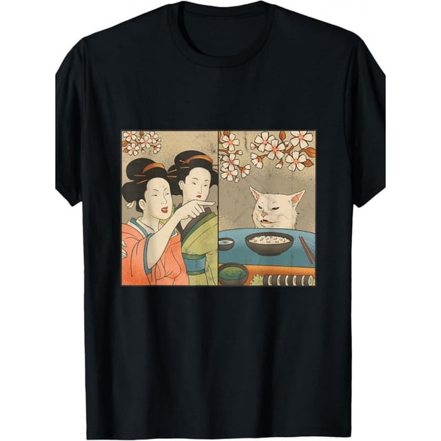 Camiseta informal negra con diseño artístico de flor de cerezo y sushi para hombre, manga corta, con diseño de gato y sushi en flor de cerezo y kimono tradicional.