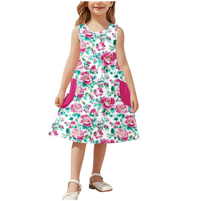 Ashirexll Robes Filles Sans Manches Col Rond Motif Imprimé Robe en Mélange de Coton Longueur Genou Rose 5 Ans