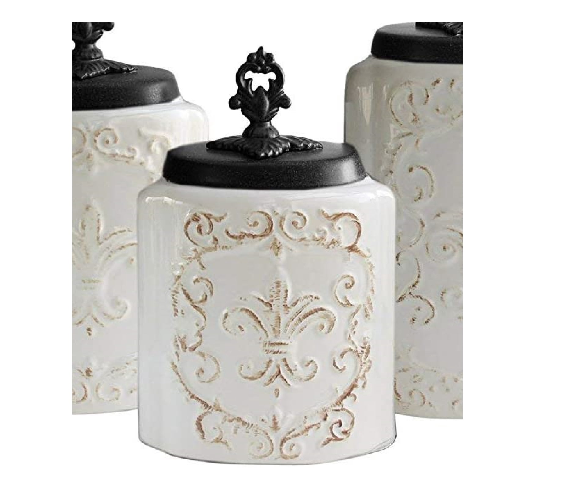 American Atelier, Round, White Antique Ceramic Kitchen Canister Set of 3, 60.5oz, 74.5oz, 84.5oz