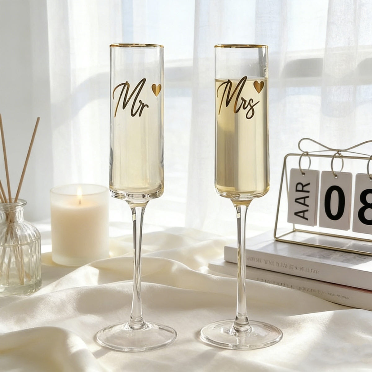 2Pcs Mr & Mrs Champagne Flutes, Golden-Embossed Wedding Toast Glasses, Tulip Stemmed Couple Cups for Wedding Anniversary Bridal Shower and Registry Idea, Perfect Gift for Newlyweds Bride Groom