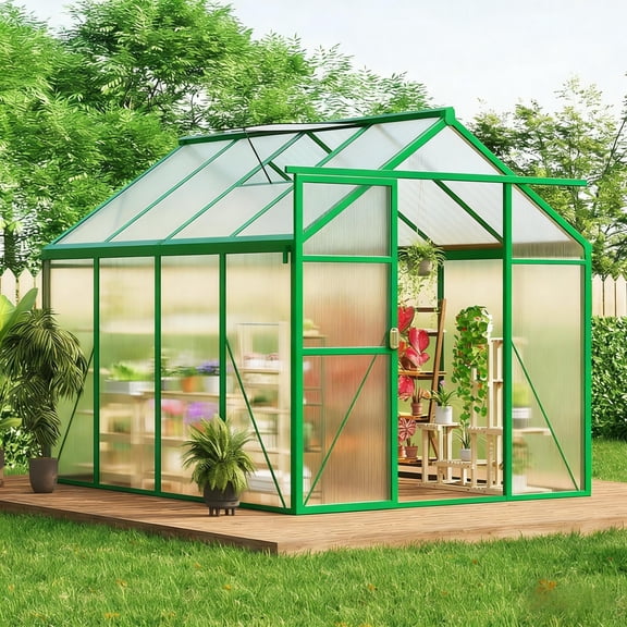 6x8 ft Outdoor Polycarbonate Greenhouse, Durable Aluminum Frame with Lockable Door & Adjustable Roof Vent, All-Weather Green House for Backyard Patio Garden Plant Growing