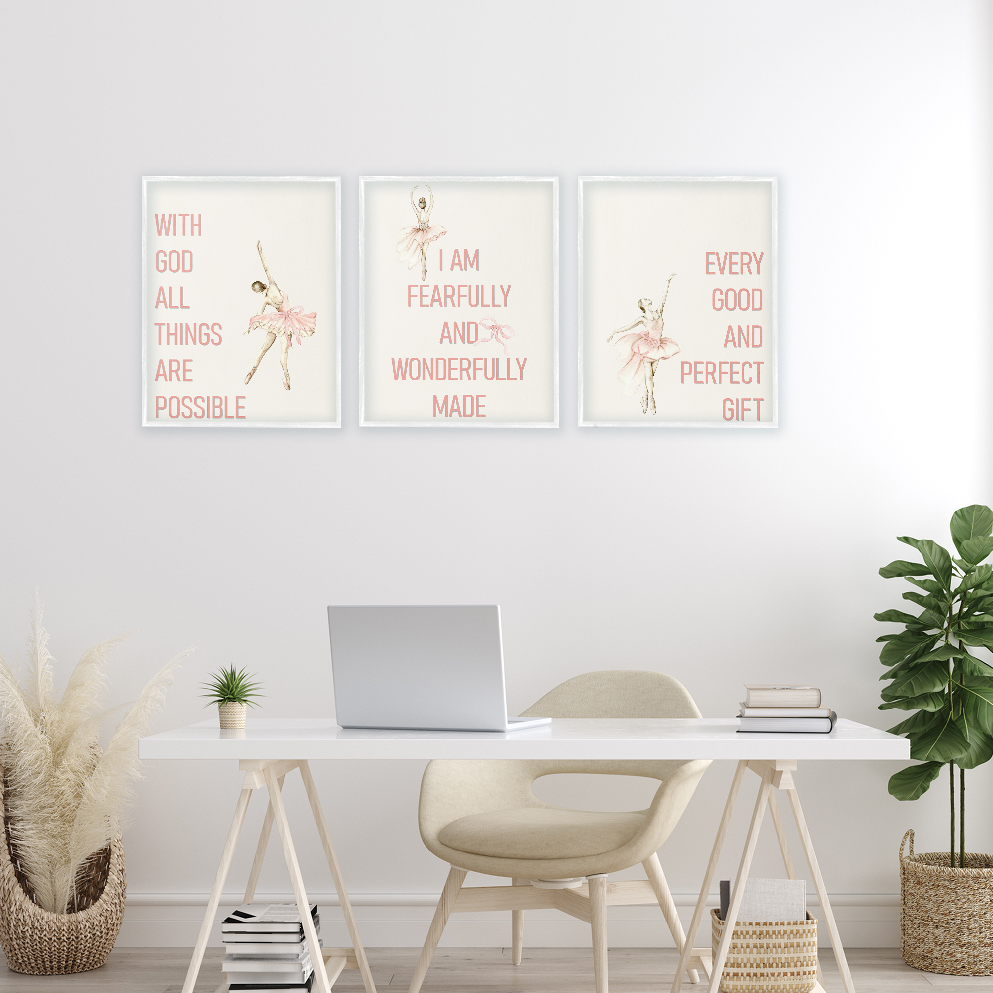 Faith Sentiments with Ballerinas 3 Piece White Framed Giclee Art Set, design by Kim Allen