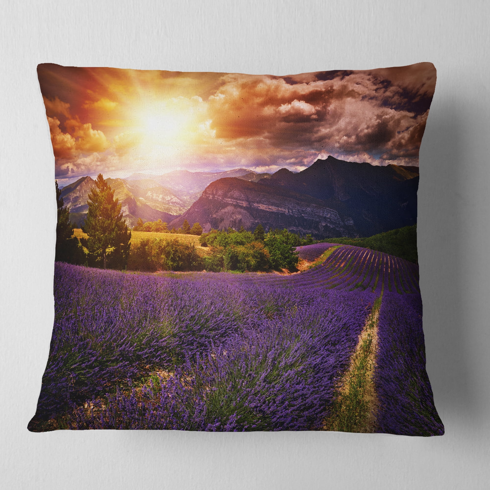 Designart Beautiful Sunset over Lavender Field - Floral Throw Pillow - 18x18
