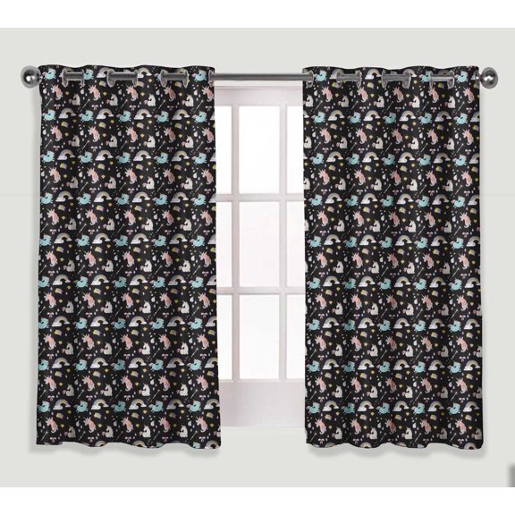 S4Sassy Cotton Duck Unicorn Rainbow Black Kids 2 Panel Set Decorative Short Window Treatment Eyelet Curtain- 54X56 Inches