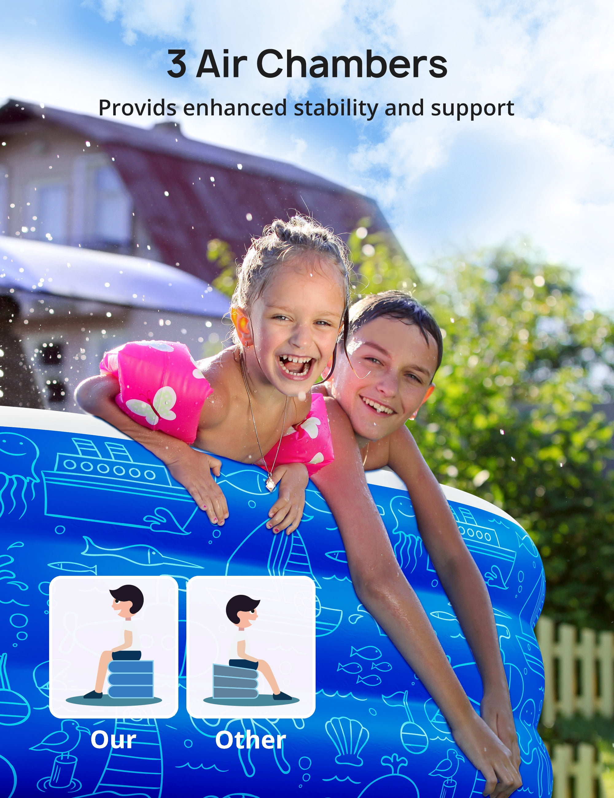 Large Inflatable Swimming Pool with Canopy, 120” x 70” x 20” Full-Sized Inflatable Pool for Kids & Adults, Kiddie Pool with Sun Shade, Blow Up Pool for Backyard, Garden, Age 3+, Blue