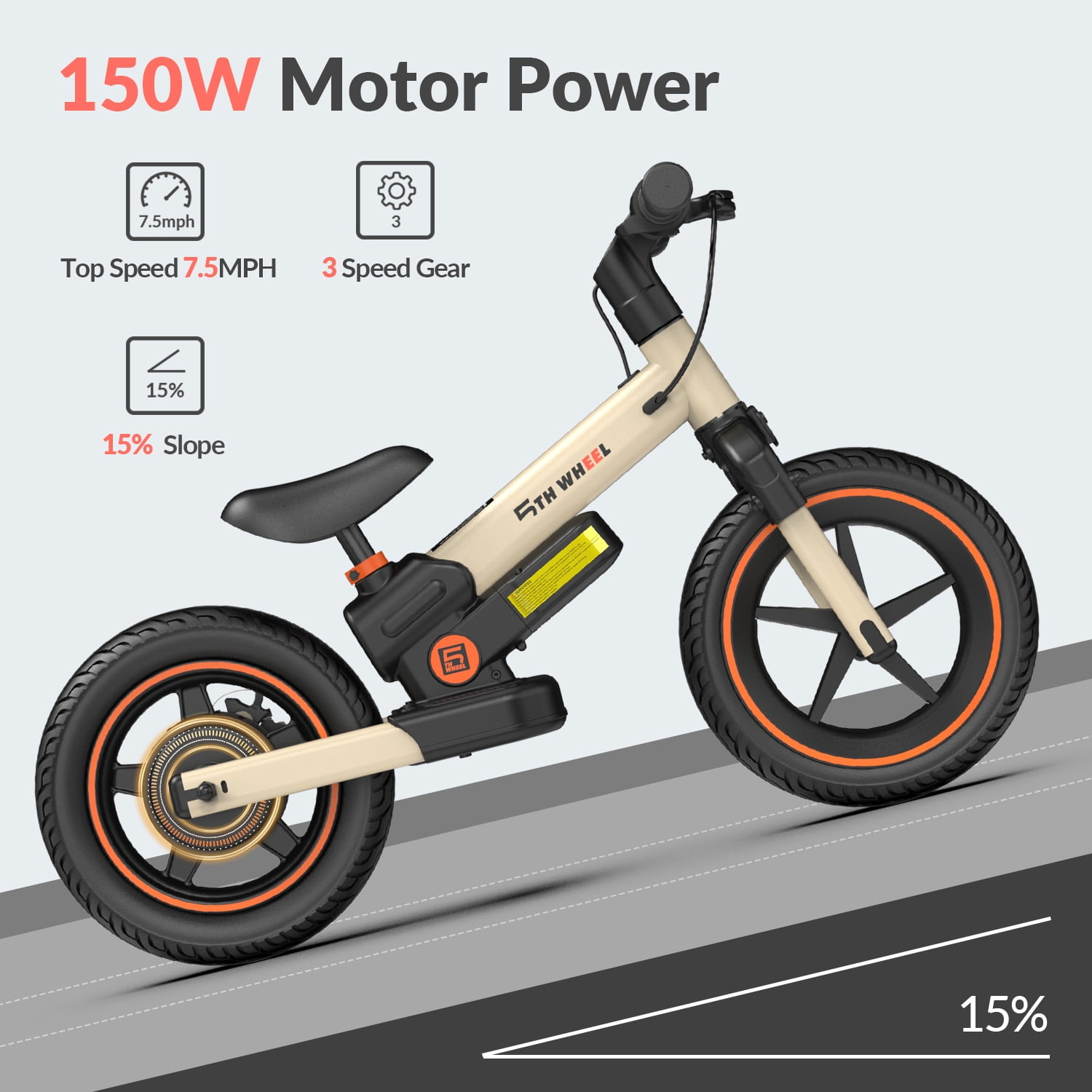 5TH WHEEL DP-T12 / KB09 Electric Bike for Kids, 150W Electric Balance Bike Ages 3-8 Years Old, 12" Pneumatic Tire with Dual Brake, 3 Speed Modes Kid Electric Motorcycle,Yellow