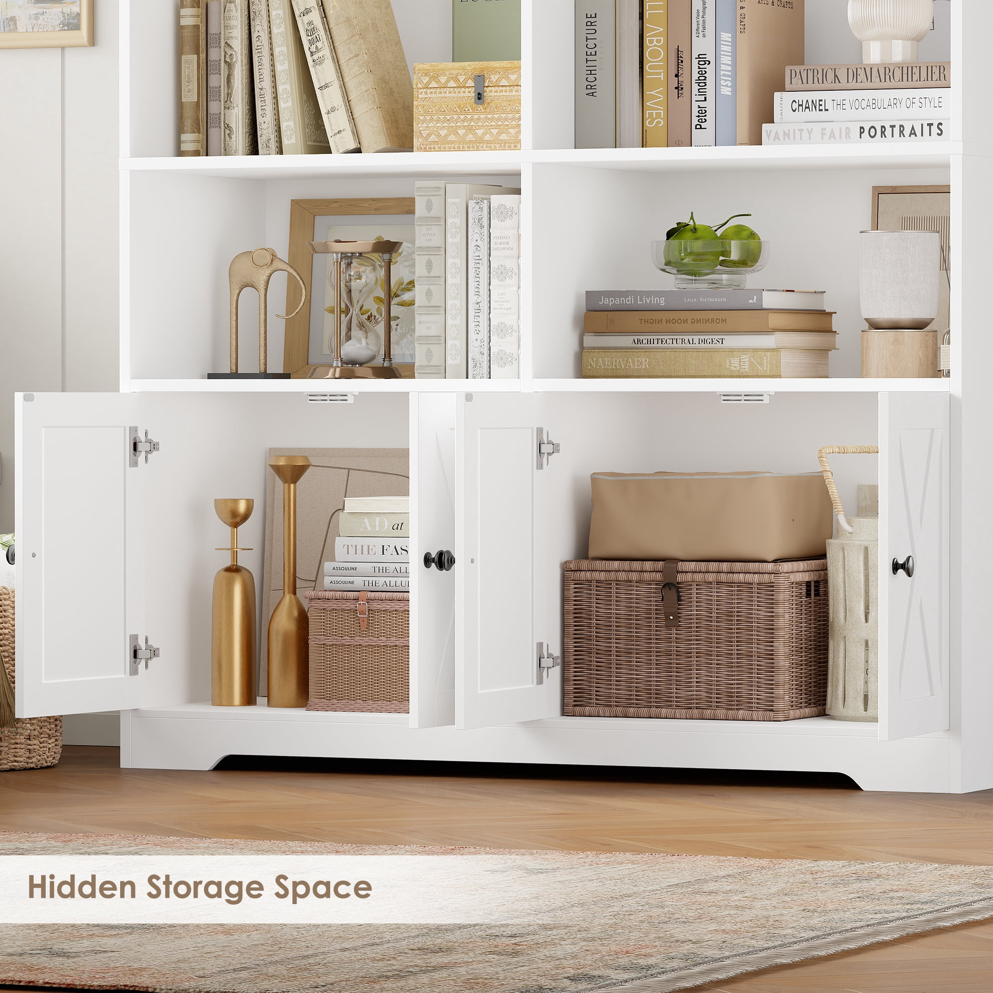 Hiphuta 78"H x 47"W Bookcase with Doors, Tall Bookshelves with Storage, 5-Tier Shelves Freestanding Display Bookcase for Home Office and Living Room, White