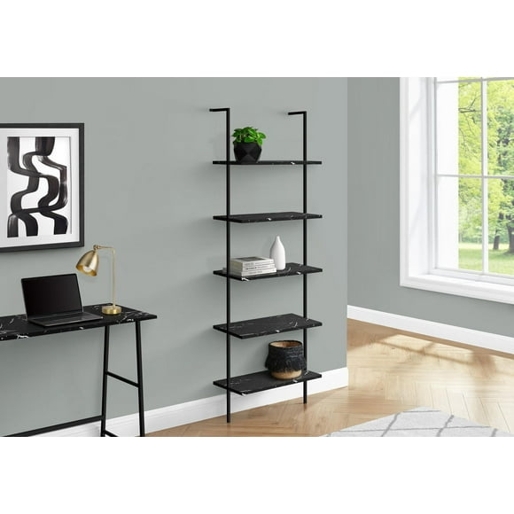 Monarch Specialties Bookshelf, Bookcase, Etagere, Ladder, 5 Tier, 72"h, Office, Bedroom, Metal, Laminate, Black Marble Look, Black, Contemporary, Modern