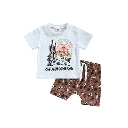 

Qtinghua Western Baby Boy Summer Clothes Cow Print Short Sleeve T-Shirt Top Elastic Waist Shorts 2Pcs Outfits