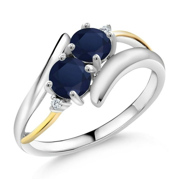 Gem Stone King 1.22 Ct Round Blue Sapphire 925 Silver and 10K Yellow Gold Two Stone Crossover Ring (Size 9)