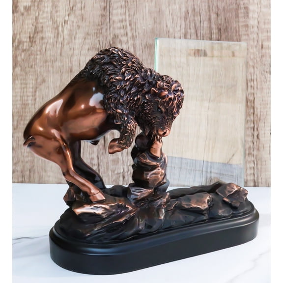 Angry Native American Bison Buffalo Bronzed Figurine With 6X4 Glass Photo Frame