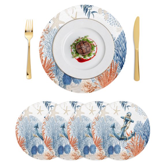 Round Placemats Nautical Coastal 15 inch Set of 4 Table Mats for Dining Table Summer Ocean Beach Anchor Corals Heat Resistant Non-Slip Kitchen & Home Decorative Place Mat Set