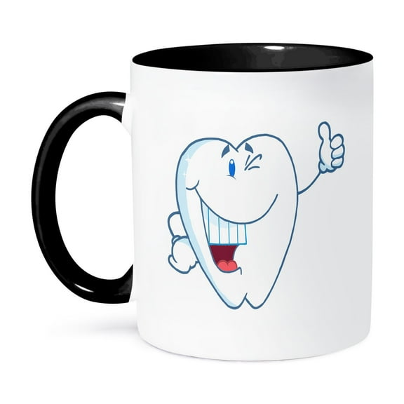 3dRose, Smiling Tooth Dental Cartoon Character, 11oz Two-Tone Black Mug