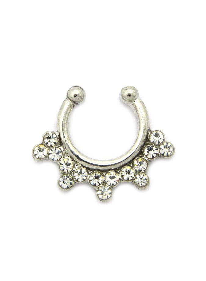 Single Simulated Opal Gold IP Septum Hanger Nose Ring For Non Piercing 