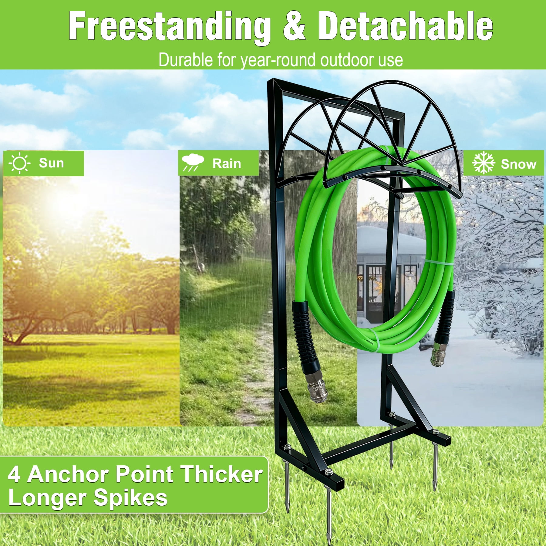 Heavy Duty Garden Hose Holder with 4 Steel Anchors, 150FT Capacity Freestanding Hose Reel, 40 Inch No-Drill Rust-Proof Outdoor Water Hose Organizer for Yard, Lawn, Patio and Backyard