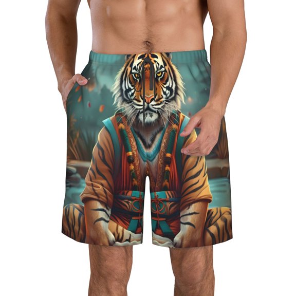 Tebeau Pond Meditating Tiger Print Men's Summer Beach Shorts Lightweight Elastic Waist Drawstring Casual Shorts with Pocket-Medium