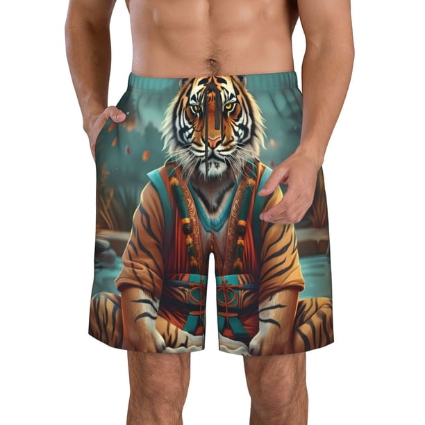 Balery Pond Meditating Tiger Traje de Baño Estilo Hawaiano para Hombre, Shorts de Secado Rápido con Bolsillos-X-Large