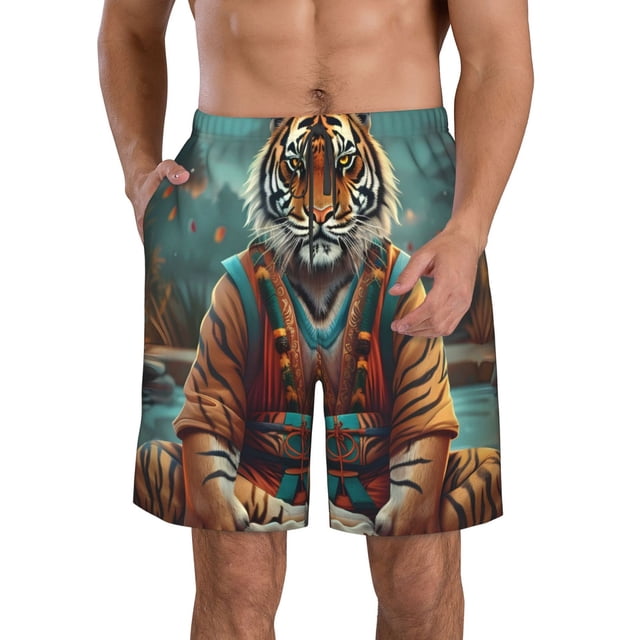 Fotbe Pond Meditating Tiger Trajes de Baño Estampados para Hombre, Shorts de Verano de Secado Rápido, Ropa de Playa, Bañadores-Small