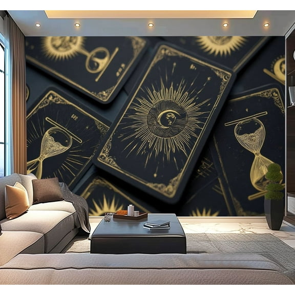 Peel and Stick Wallpaper Black Navy Vintage Gothic Sun Moon Star Design Boho Moon Phases Sun Modern Art Wall Mural Decor Self Adhesive and Removable 100in x 144in