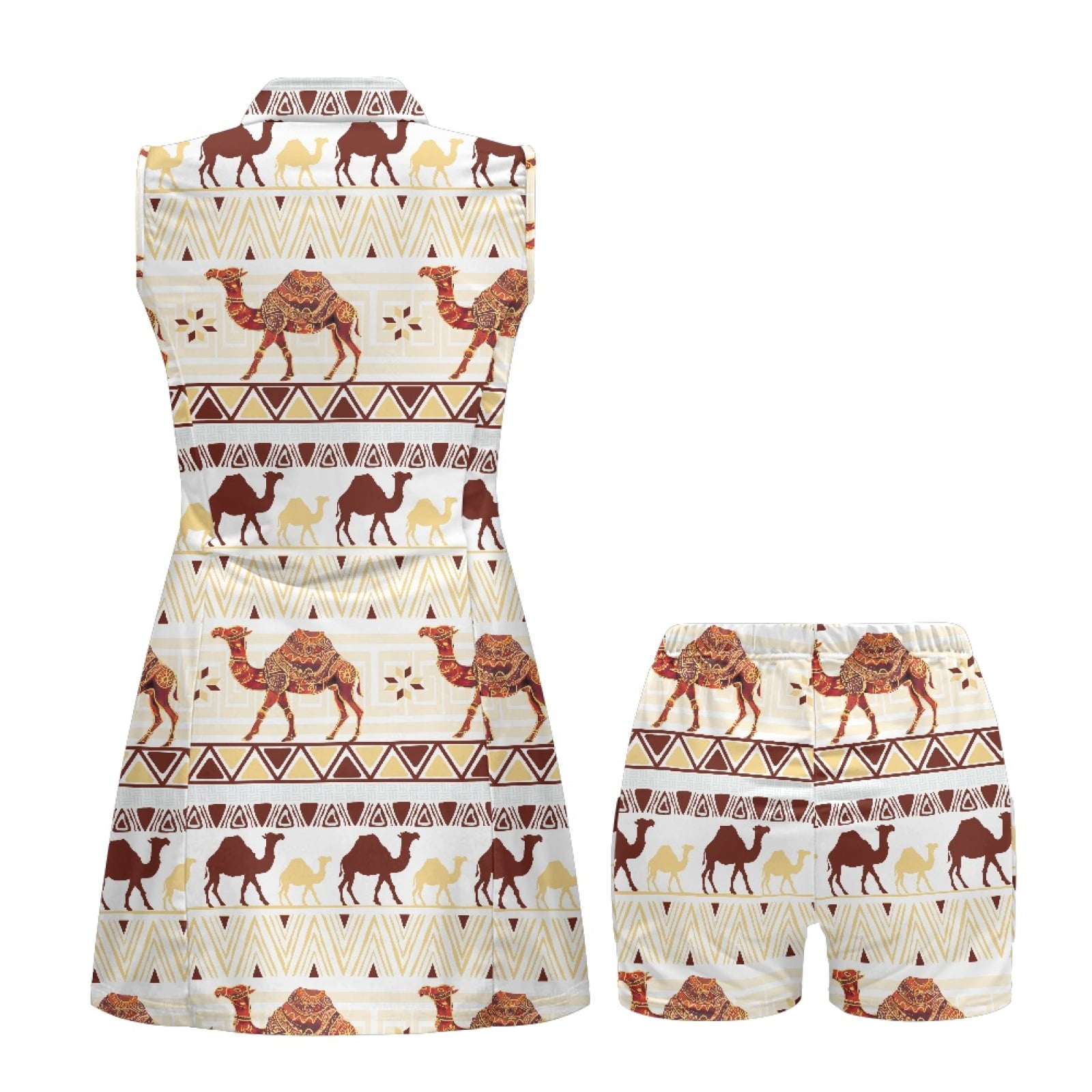 COEQINE Camel African Tribal Ethnic Print Tennis Dress for Women Sleeveless Breathable Pickleball Dresses with Built in Shorts and Pockets 2 Piece Set V-Neck Golf Outfits, XL