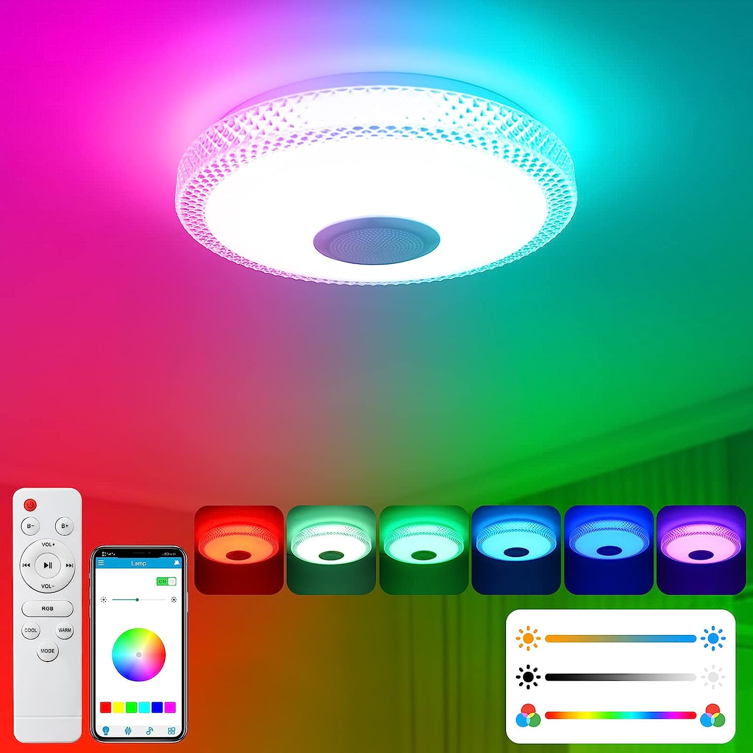 Dimmable 30W LED Ceiling Light 4000 LM, Bluetooth Speaker, RGB Music Lamp
