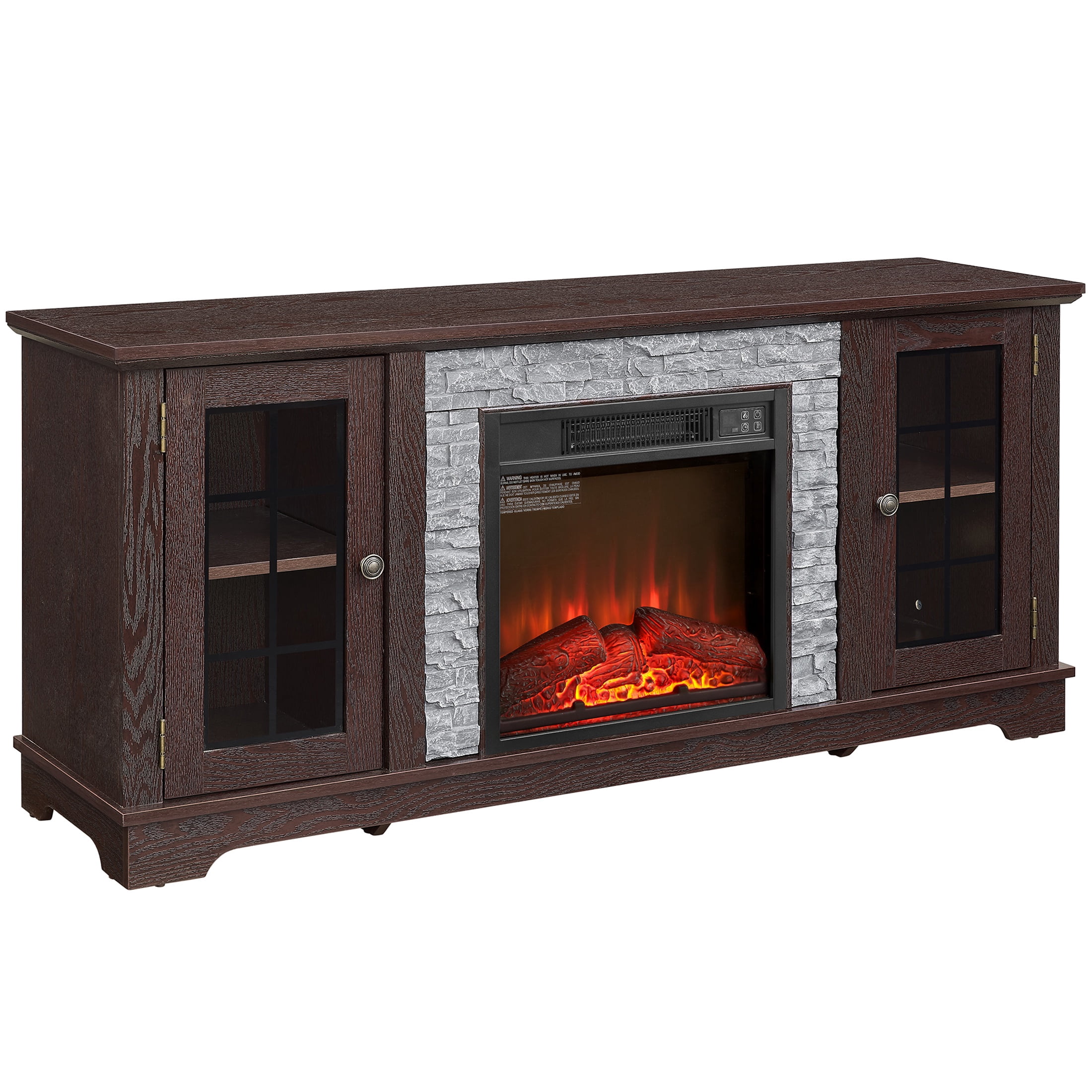 Electric Fireplace TV Stand for 65″ TVs, UHOMEPRO Fireplace Entertainment Center TV Console Table with 18″ Fireplace, 2-Door Storage Cabinets, Holds up to 200 lbs, Cherry
