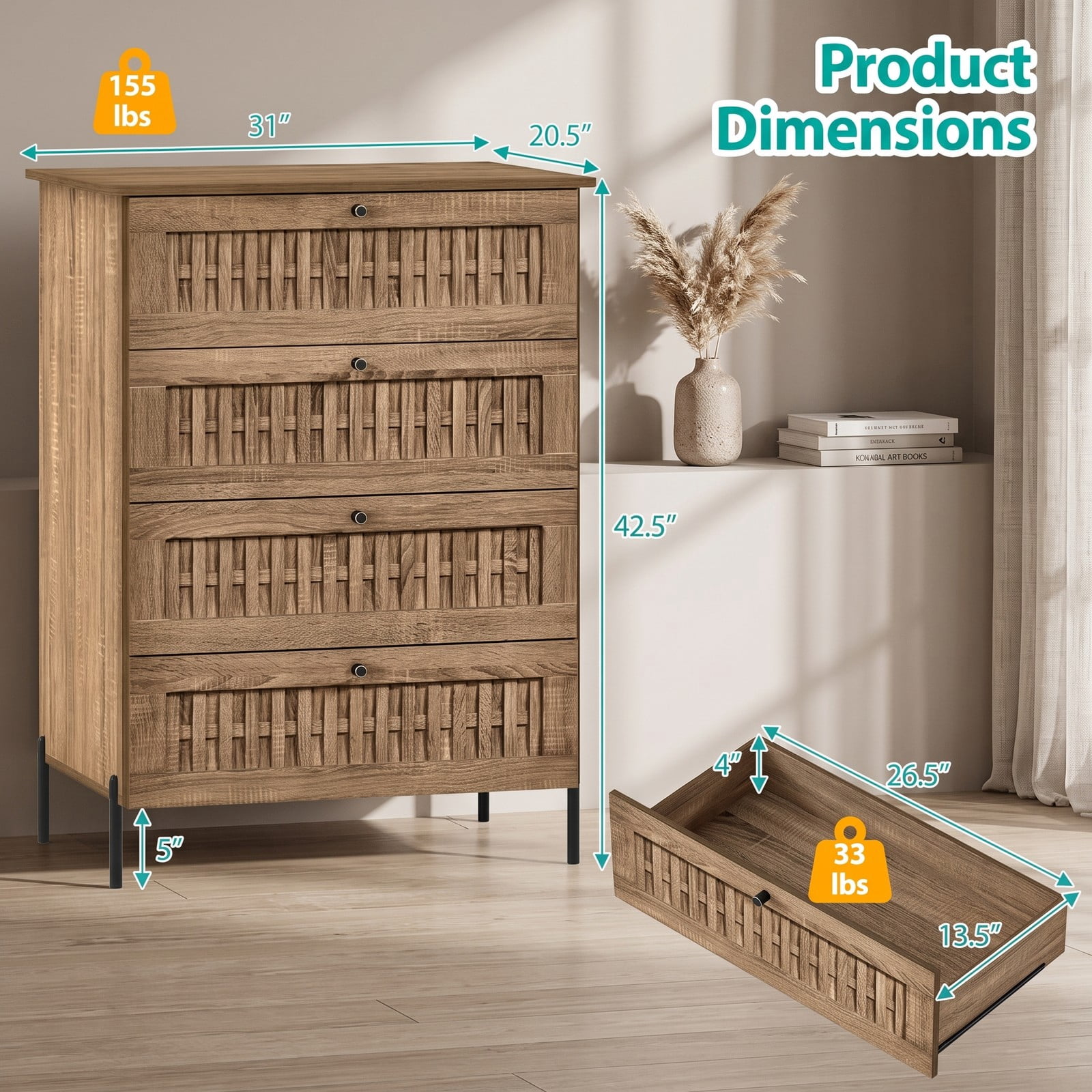 Furnibear 4-Drawer Dresser with Woven Rattan-Textured Fronts and Sturdy Metal Legs for Bedroom Living Room and Hallway Storage, Caramel Oak