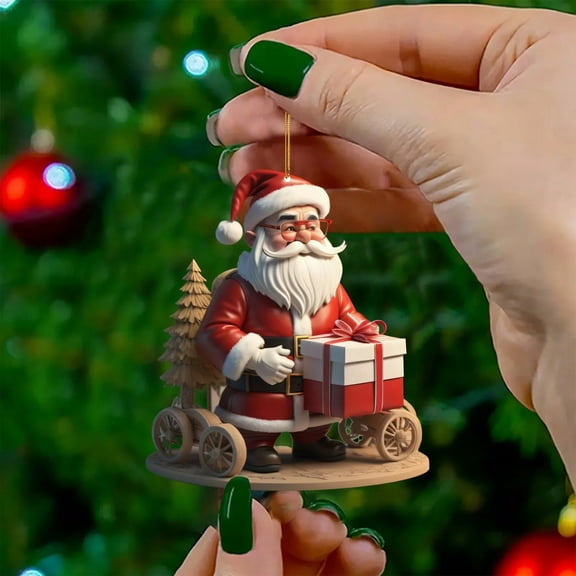 JeashCHAT Christmas Ornaments Santa Claus Pendant Christmas Tree Decorations 2D Acrylic Santa Claus with Gifts Hanging Ornaments for Indoor Home Party Decor Xmas Gifts