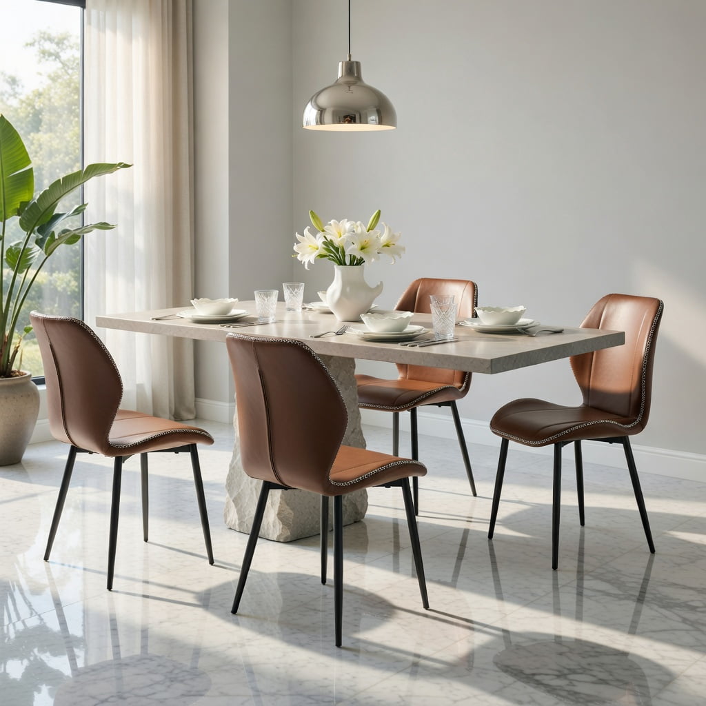 Hommoo 4-Pack PU Leather Dining Chairs with Black Metal Legs, Ergonomic, Adjustable Feet, Stain-Resistant for Dining Room, Office & Living Space, Brown
