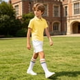 thumbnail image 6 of Boys Girls 3 Piece Loose Outfit Set Short Sleeve Lapel Top Elastic Waist Shorts and Striped Knee High Socks Casual Matched Clothing Set, 6 of 9