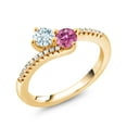 thumbnail image 2 of Gem Stone King 18K Yellow Gold Plated Silver Sky Blue Aquamarine and Pink Moissanite Bypass Ring for Women (0.72 Cttw, Gemstone March Birthstone, Round 4MM, Size 9), 2 of 4