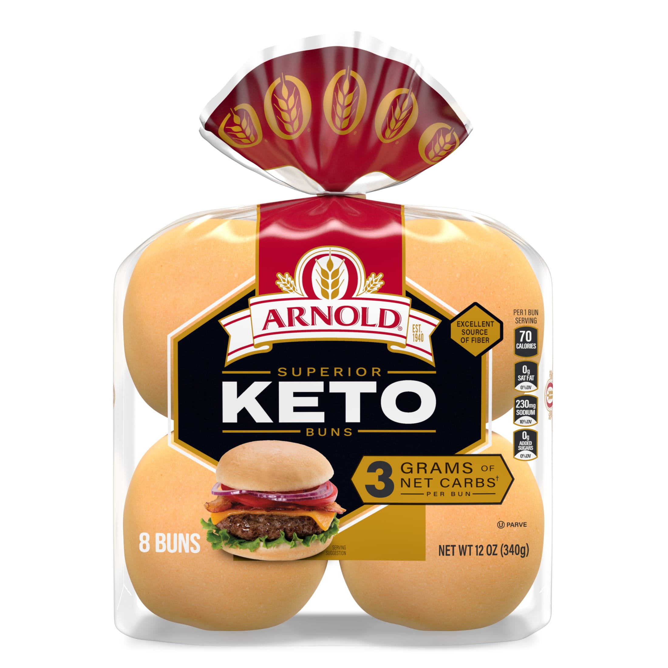 Arnold Superior Keto Plain Hamburger Buns, 8 count, Pre-sliced Hamburger Buns, 12 oz Bag