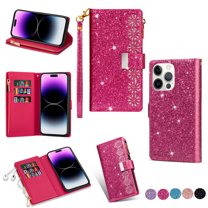 Feishell Zipper Wallet Case for iPhone 15 Plus,Bling Glitter Fashion PU Leather Magnetic Clasp Flip ID Credit Card Slots Purse Folio Phone Cover with Wrist Strap,Rose