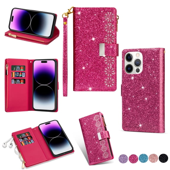 Feishell Zipper Wallet Case for iPhone 16 Pro,Bling Glitter Fashion PU Leather Magnetic Clasp Flip ID Credit Card Slots Purse Folio Kickstand Phone Cover with Wrist Strap,Rose